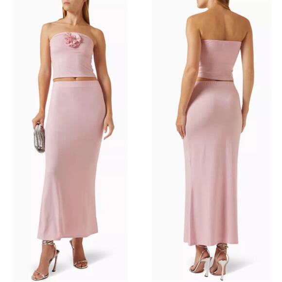 Reformation Adalynn Strapless Floral Rosette Two Piece Knit Pink Maxi Set Sz XL - Picture 1 of 11
